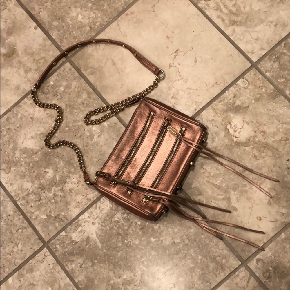 Rebecca Minkoff iconic mini 5-zip moto tassel metallic chain strap crossbody bag